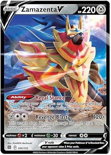 Zamazenta V 105/172 Ultra Rare Pokemon Card (SWSH Brilliant Stars) + 1x TitanCards® Toploader von Titan Cards