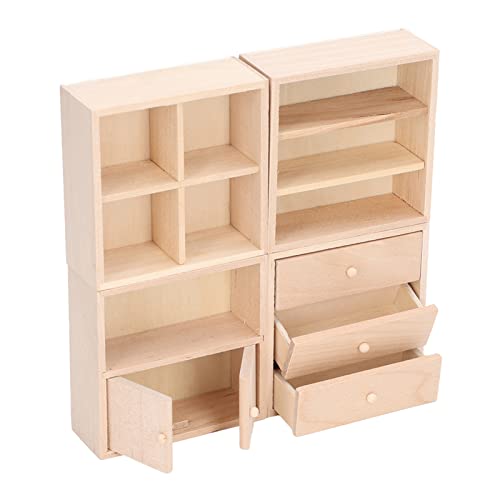 1/12 Doll House Cabinet Set, Lebenseähnliche Birkenholz-Miniaturmöbel mit Schubladen, Dekoration für Puppenhaus-Zimmer, Vier Fächer-Wandschrank, mit DREI Schicht Schubladenschrank von Tixiyu