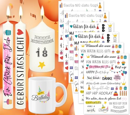 Tixlux 6 PCS Kerzentattoo Geburtstag (200+ Muster), Wasserschiebefolie kerzen | Kerzenaufkleber | Kerzen dekorieren | Gedenklicht | Geburtstagskerze (GeburtstagⅡ)) von Tixlux