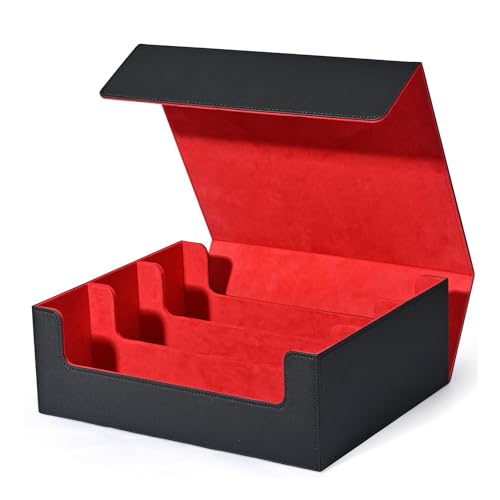 Tixqeaif Kartenaufbewahrungsbox für Sammelkarten, Kartenhalter mit Magnetverschluss, Deckhülle mit Seitlicher Beladung Von Oben, Spielkartenbox, Schwarz + Rot, Ca. 290 X 245 X 105 mm von Tixqeaif