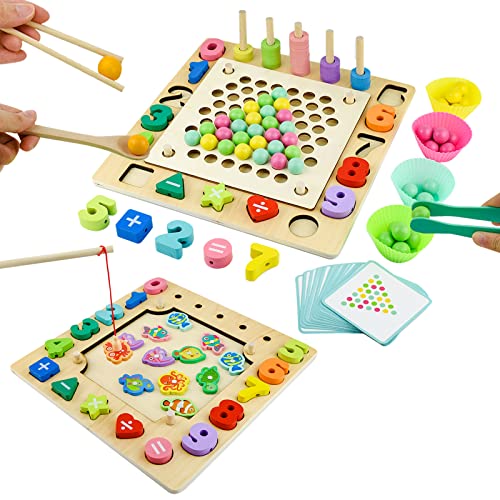 Tizund Montessori Toy 168pcs Fishing Game Wooden Beads Game, Holz Clip Beads Brettspiel, Angelspiel Clip Beads Brettspiel, Vorschule Lernspielzeug Geschenk Puzzle Board for Preschool Children von Tizund