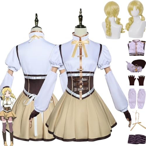 Anime Charakter Tomoe Mami Cosplay Kostüm Outfit Kleider Puella Magi Madoka Magica Uniform Full Set Halloween Party Dress Up Anzug mit Perücke Hut für Frauen Mädchen (M) von Tjmiaohao