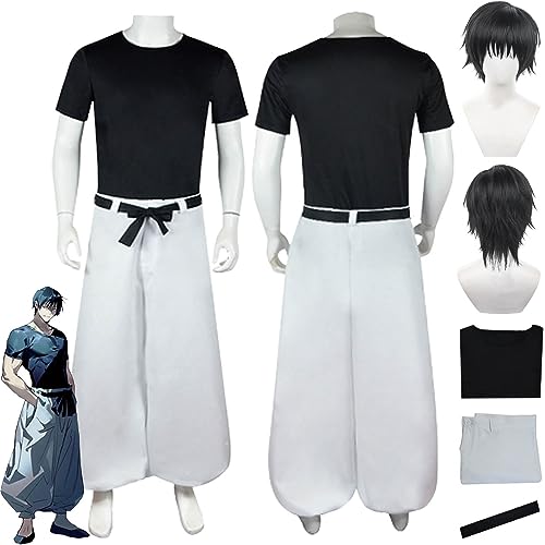 Anime Jujutsu Kaisen Fushiguro Toji Cosplay Kostüm Outfit Gojo Satoru Schwarze Uniform Komplettset Halloween Karneval Party Dress Up Anzug mit Perücke für Männer Jungen (L) von Tjmiaohao