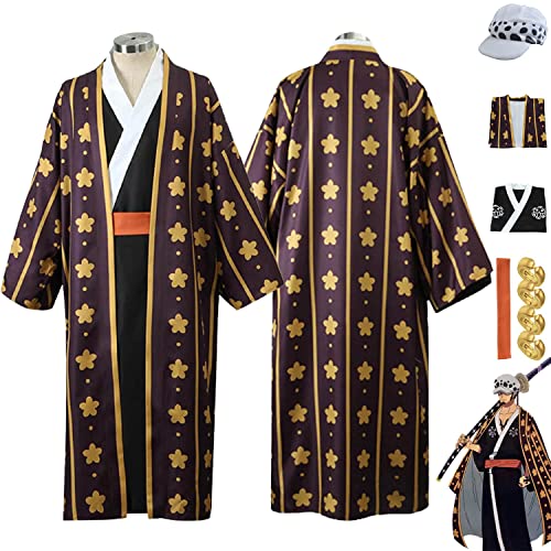 Anime One Piece Trafalgar D Water Law Cosplay Kostüm Outfit Wano Kuni Country Uniform Full Set Halloween Karneval Dress Up Anzug mit Ohrringen Hut für Herren Jungen (L) von Tjmiaohao