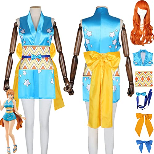 Anime One Piece Wano Country Nami Cosplay Kostüm Outfit Rollenspiel Uniform Kleider Komplettes Set Halloween Dress Up Anzug mit Perücke Kopfschmuck für Frauen Mädchen (L) von Tjmiaohao