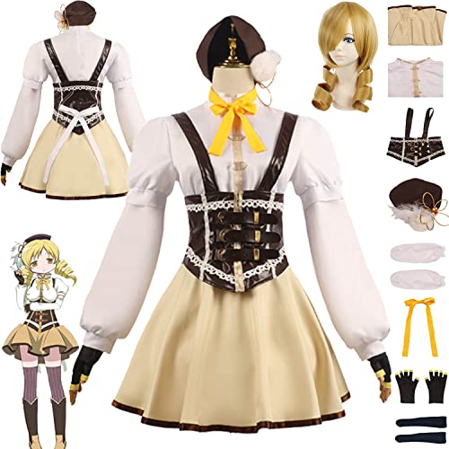 Anime Tomoe Mami Cosplay Kostüm Outfit Puella Magi Madoka Magica Uniform Perücke Hut Kopfschmuck Komplettes Set Halloween Party Karneval Dress Up Anzug für Frauen Mädchen (L) von Tjmiaohao