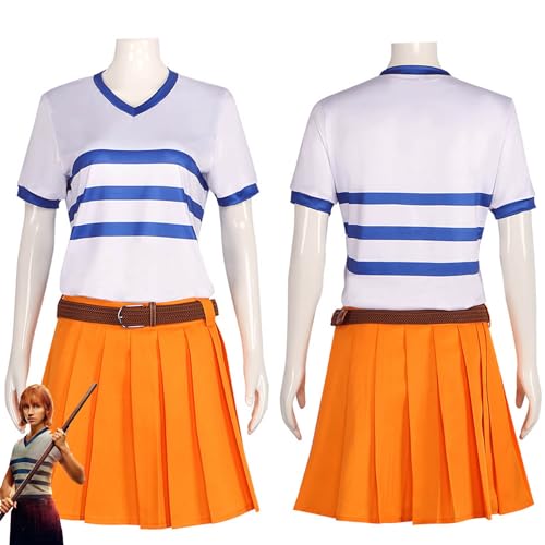 Film One Piece Nami Cosplay Kostüm Outfit Rollenspiel Uniform T-Shirt Rock Gürtel Komplettset Halloween Party Karneval Dress Up Anzug für Frauen Mädchen (S) von Tjmiaohao