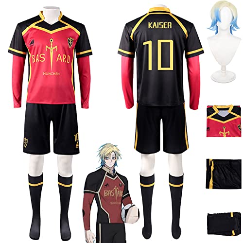 Tjmiaohao Anime Blue Lock No.10 Michael Kaiser Cosplay Kostüm Outfit Football Jersey Sportswear Uniform Full Set Halloween Karneval Dress Up Anzug mit Perücke für Herren Jungen (XS) von Tjmiaohao