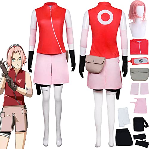 Tjmiaohao Anime Charakter Haruno Sakura Cosplay Kostüm Outfit Rollenspiel Rote Uniform Perücke Kopfschmuck Komplettes Set Halloween Karneval Party Dress Up Anzug für Frauen Mädchen (XL) von Tjmiaohao