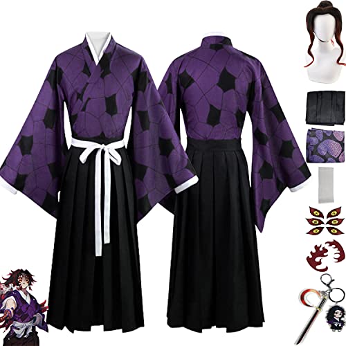 Tjmiaohao Anime Charakter Kokushibou Cosplay Kostüm Outfit Demon Slayer Kimono Perücke Tattoo Aufkleber Schlüsselanhänger Full Set Halloween Karneval Anziehanzug für Männer Jungen (L) von Tjmiaohao