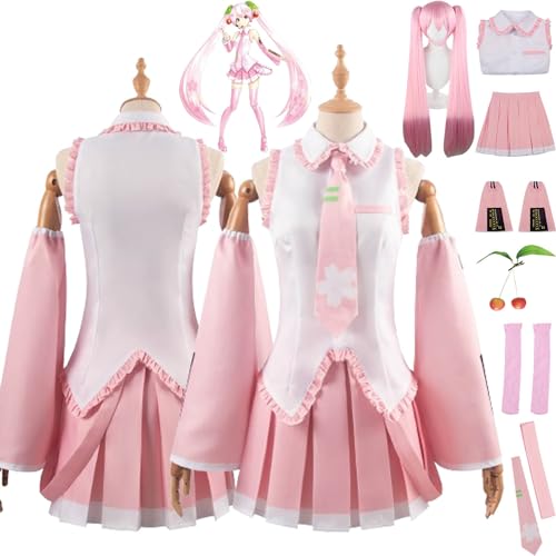 Tjmiaohao Anime Charakter Miku Cosplay Kostüm Outfit H'atsune M'iku Rosa Uniform Full Set Halloween Karneval Party Dress Up Anzug mit Kopfschmuck Perücke für Frauen Mädchen (L) von Tjmiaohao