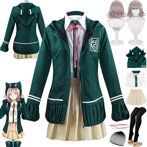 Tjmiaohao Anime Danganronpa Nanami Chiaki Cosplay Kostüm Outfit JK Uniform Grün Hoodie Jacke Komplettset Halloween Karneval Party Dress Up Anzug mit Perücke für Frauen Mädchen (L) von Tjmiaohao