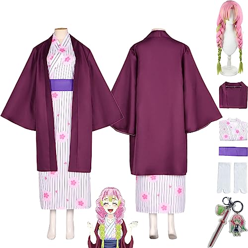 Tjmiaohao Anime Demon Slayer Kanroji Mitsuri Cosplay Kostüm Outfit Kimetsu No Yaiba Kimono Umhang Perücke Komplettset Halloween Party Uniform Dress Up Anzug für Frauen Mädchen (L) von Tjmiaohao