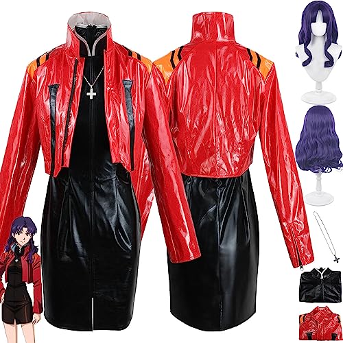 Tjmiaohao Anime EVA Misato Katsurgi Cosplay Kostüm Outfit Rollenspiel Uniform Rote Jacke Kleider Komplettset Halloween Party Karneval Dress Up Anzug mit Perücke für Frauen Mädchen (S) von Tjmiaohao