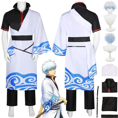 Tjmiaohao Anime Gintama Sakata Gintoki Cosplay Kostüm Outfit Role Paly Uniform Weiß Mantel Full Set Halloween Karneval Party Dress Up Anzug mit Perücke für Männer Jungen (M) von Tjmiaohao