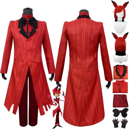 Tjmiaohao Anime Hazbin Hotel Alastor Cosplay Kostüm Outfit Role Paly Uniform Orange Mantel Shirt Hose Full Set Halloween Karneval Dress Up Anzug mit Perücke für Männer Jungen (M) von Tjmiaohao