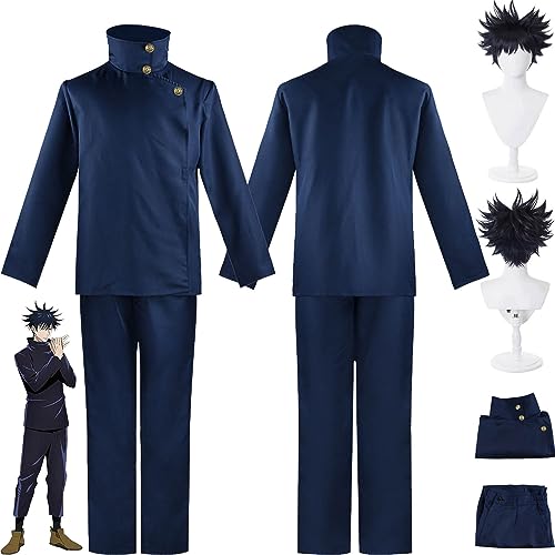 Tjmiaohao Anime Jujutsu Kaisen Fushiguro Megumi Cosplay Kostüm Outfit Gojo Satoru Blaue Uniform Komplettset Halloween Karneval Party Dress Up Anzug mit Perücke für Männer Jungen (M) von Tjmiaohao