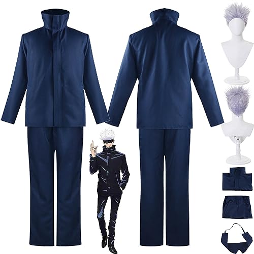 Tjmiaohao Anime Jujutsu Kaisen Gojo Satoru Cosplay Kostüm Outfit Blaue Uniform Komplettset Halloween Karneval Party Dress Up Anzug mit Augenmaske Perücke für Männer Jungen (M) von Tjmiaohao