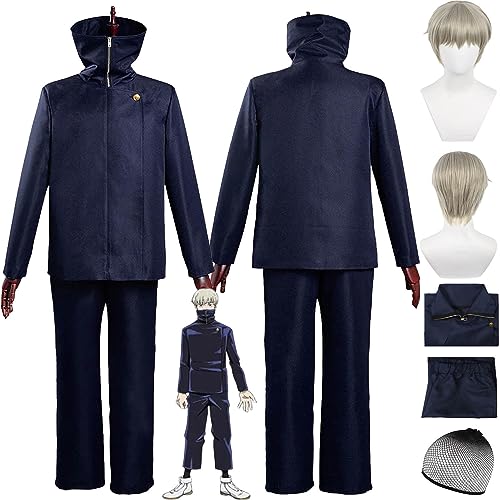 Tjmiaohao Anime Jujutsu Kaisen Inumaki Toge Cosplay Kostüm Outfit Gojo Satoru Blaue Uniform Komplettset Halloween Karneval Party Dress Up Anzug mit Perücke für Männer Jungen (L) von Tjmiaohao