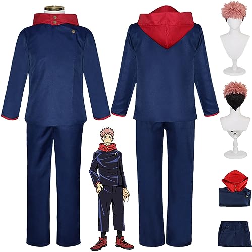 Tjmiaohao Anime Jujutsu Kaisen Itadori Yuji Cosplay Kostüm Outfit Gojo Satoru Blaue Uniform Hoodie Komplettset Halloween Karneval Party Dress Up Anzug mit Perücke für Männer Jungen (L) von Tjmiaohao