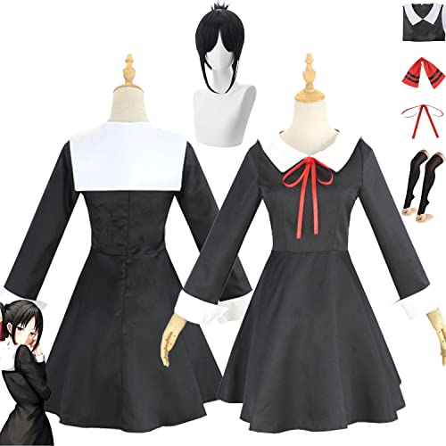 Tjmiaohao Anime Kaguya-sama Love Is War Shinomiya Kaguya Cosplay Kostüm Outfit Fujiwara Chika Schwarze Kleider Perücke Full Set Halloween Uniform Dress Up Anzug für Frauen Mädchen (M) von Tjmiaohao