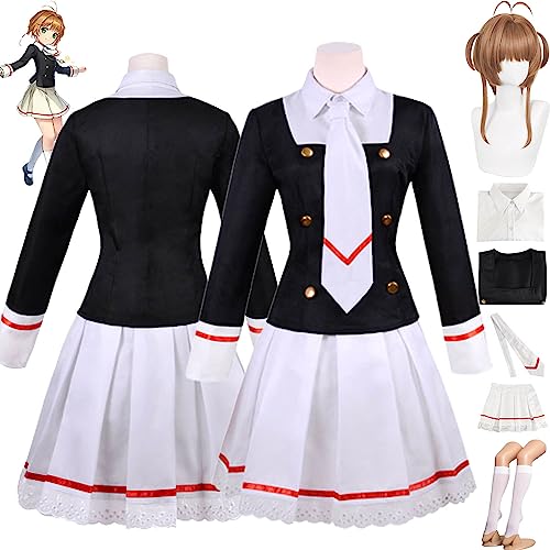 Tjmiaohao Anime Kinomoto Sakura Cosplay Kostüm Outfit Card Captor Sakura Schwarze Uniform Komplettset Halloween Party Karneval Dress Up Anzug mit Perücke für Frauen Mädchen (XXXL) von Tjmiaohao