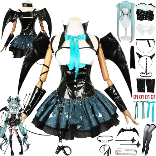 Tjmiaohao Anime Little Devil Miku Cosplay Kostüm Outfit H'atsune M'iku Uniform Full Set Halloween Party Dress Up Anzug mit Perücke/Kopfschmuck/Flügel/Sticker für Frauen Mädchen (L) von Tjmiaohao