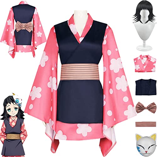 Tjmiaohao Anime Makomo Cosplay Kostüm Outfit Demon Slayer Kanroji Mitsuri Kimono Perücke Maske Full Set Halloween Party Karneval Uniform Anziehanzug für Frauen Mädchen (M) von Tjmiaohao