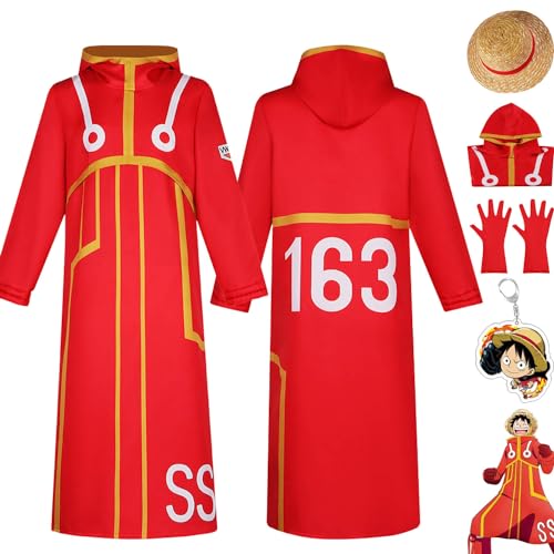 Tjmiaohao Anime One Piece Egghead Island Monkey D Luffy Cosplay Kostüm Outfit Role Paly Rot Uniform Full Set Halloween Dress Up Anzug mit Hut Schlüsselanhänger für Männer Jungen (L) von Tjmiaohao