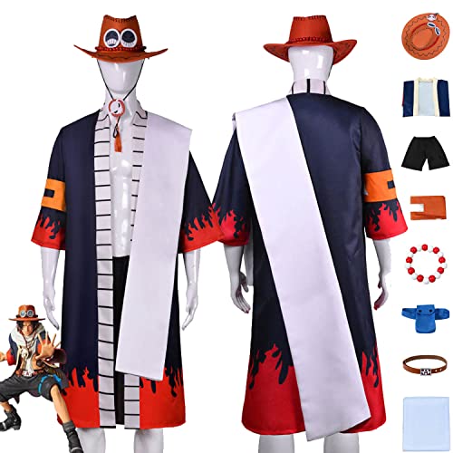 Tjmiaohao Anime One Piece Portgas D Ace Cosplay Kostüm Outfit Wano Country Kinono Full Set Halloween Party Karneval Uniform Anziehanzug mit Armbändern Hut für Männer Jungen (L) von Tjmiaohao