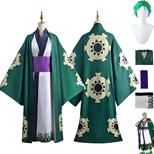 Tjmiaohao Anime One Piece Roronoa Zoro Cosplay Kostüm Outfit Wano Kuni Country Kimono Green Robe Full Set Halloween Karneval Uniform Dress Up Anzug mit Perücke für Herren Jungen (XL) von Tjmiaohao