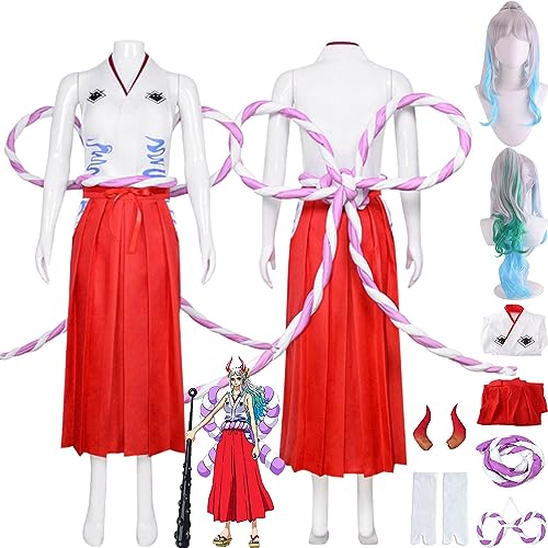 Tjmiaohao Anime One Piece Yamato Cosplay Kostüm Outfit Wano Country Kinono Kopfschmuck Perücke Komplettset Halloween Party Karneval Uniform Dress Up Anzug für Frauen Mädchen (L) von Tjmiaohao