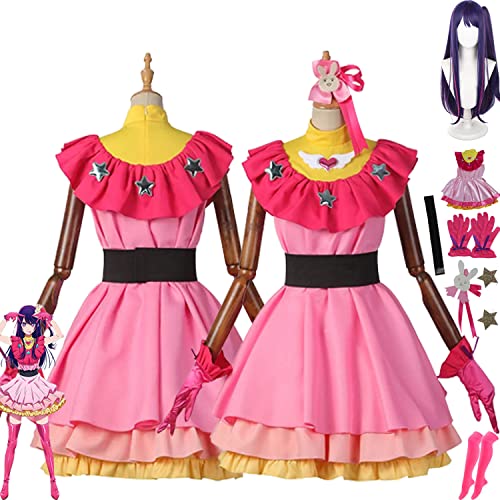 Tjmiaohao Anime Oshi No Ko Hoshino Ai Cosplay Kostüm Outfit Rosa Kleider Uniform Perücke Kopfschmuck Komplettes Set Halloween Karneval Party Dress Up Anzug für Frauen Mädchen (L) von Tjmiaohao