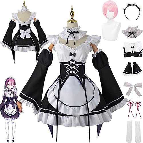 Tjmiaohao Anime Ram Rem Cosplay Kostüm Outfit Re Life In A Different World From Zero Maid Kleid Uniform Komplettes Set Halloween Dress Up Anzug mit Perücke für Frauen Mädchen (M) von Tjmiaohao