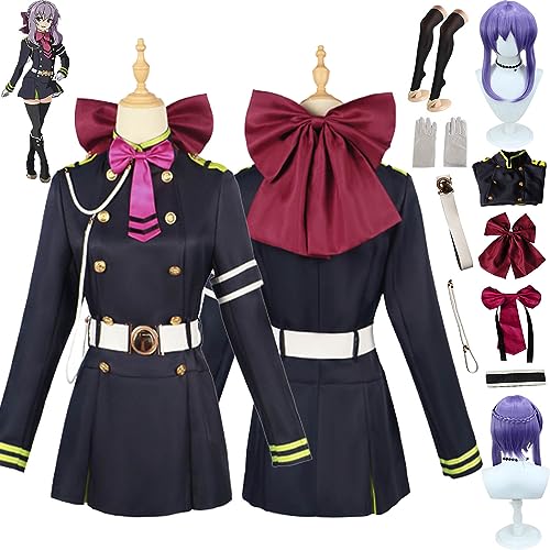 Tjmiaohao Anime Seraph of The End Shinoa Hiiragi Cosplay Kostüm Outfit Schwarze Uniform Komplettset Halloween Karneval Dress Up Anzug mit Kopfschmuck Perücke für Frauen Mädchen (S) von Tjmiaohao