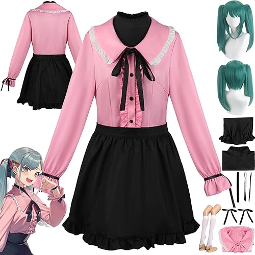 Tjmiaohao Anime Vampire Miku Cosplay Kostüm Outfit H'atsune M'iku Rosa Uniform Kleider Komplettset Halloween Karneval Dress Up Anzug mit Kopfschmuck Perücke für Frauen Mädchen (XL) von Tjmiaohao