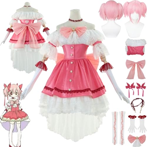 Tjmiaohao Anime Walpurgisnacht Kaname Modoka Cosplay Kostüm Outfit Puella Magi Madoka Magica Uniform Komplettset Halloween Dress Up Anzug mit Halskette Perücke für Frauen Mädchen (S) von Tjmiaohao