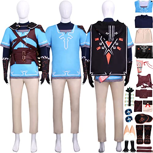 Tjmiaohao Game Tears of the Kingdom Link Cosplay Kostüm Outfit Blau Uniform Cape Full Set Halloween Karneval Party Dress Up Anzug mit Ohrringen Falsches Ohr für Männer Jungen (XXXL) von Tjmiaohao