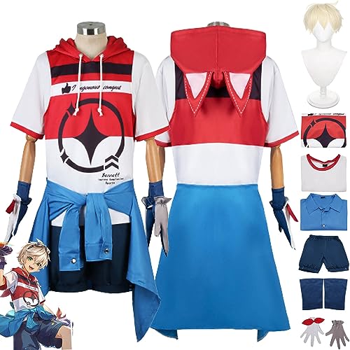 Tjmiaohao Genshin Impact Bennett Cosplay Kostüm Outfit Spielcharakter Scaramouche Wanderer Uniform Komplettset Halloween Karneval Party Dress Up Anzug mit Perücke für Männer Jungen (S) von Tjmiaohao