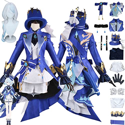 Tjmiaohao Genshin Impact Focalors Cosplay Kostüm Outfit Spielfiguren Layla Raiden Shogun Blaue Uniform Full Set Halloween Party Dress Up Anzug mit Hut Perücke für Frauen Mädchen (M) von Tjmiaohao