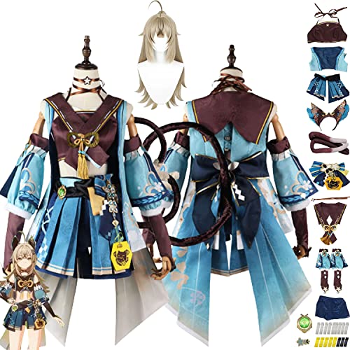 Tjmiaohao Genshin Impact Kirara Cosplay Kostüm Outfit Spielcharakter Navia Uniform Komplettset Halloween Party Dress Up Anzug mit Perücke Kopfschmuck Schwanz für Frauen Mädchen (XXXL) von Tjmiaohao