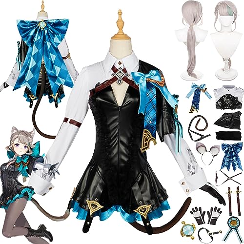 Tjmiaohao Genshin Impact Lynette Cosplay Kostüm Outfit Spielcharakter Uniform Komplettes Set Halloween Party Dress Up Anzug mit Kopfschmuck Schwanz Perücke für Frauen Mädchen (L) von Tjmiaohao