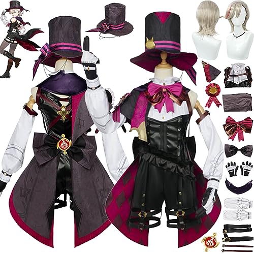 Tjmiaohao Genshin Impact Lyney Cosplay Kostüm Outfit Spielcharakter Uniform Lynette Overall Komplettset Halloween Party Karneval Dress Up Anzug mit Hut Perücke für Frauen Mädchen (S) von Tjmiaohao