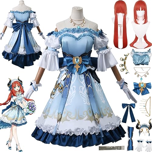 Tjmiaohao Genshin Impact Nilou Cosplay Kostüm Outfit Spielcharakter Uniform Kleider Komplettes Set Halloween Dress Up Anzug mit Kopfschmuck Halskette Perücke für Frauen Mädchen (M) von Tjmiaohao