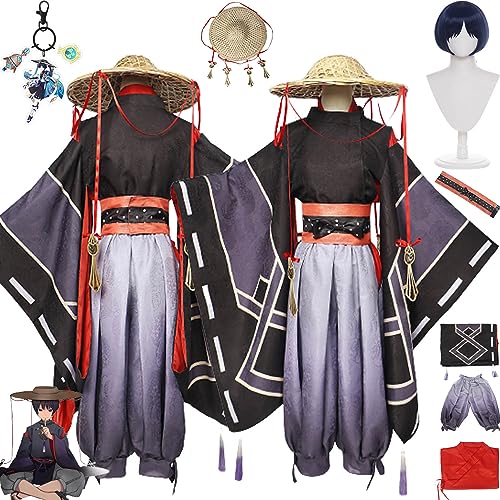 Tjmiaohao Genshin Impact Scaramouche Neue Haut Cosplay Kostüm Outfit Spiel Charakter Uniform Komplettes Set Männer Jungen Halloween Dress Up Anzug mit Schlüsselbund Hut Perücke (XXXL) von Tjmiaohao