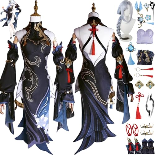 Tjmiaohao Genshin Impact Shenhe neue Haut Cosplay Kostüm Outfit Spiel Charakter Uniform Full Set Halloween Dress up Anzug mit Perücken/Kopfschmuck/Ohrringen für Frauen Mädchen (XL) von Tjmiaohao