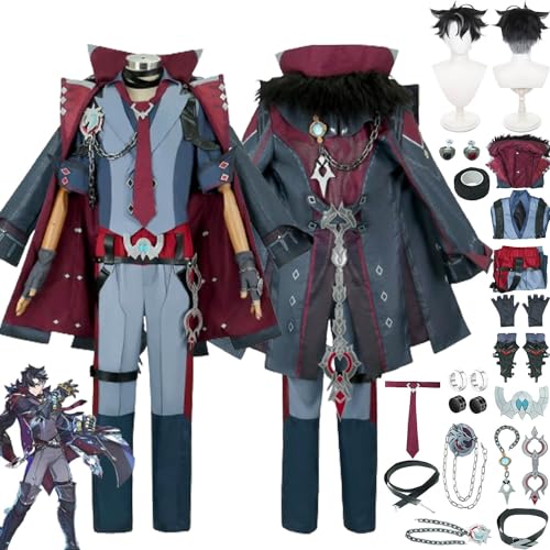 Tjmiaohao Genshin Impact Wriothesley Cosplay Kostüm Outfit Spiel Charakter Uniform Full Set Halloween Party Karneval Dress Up Anzug mit Perücke Ohrringe Ring für Männer Jungen (S) von Tjmiaohao