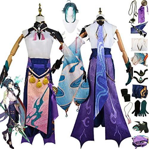 Tjmiaohao Genshin Impact Xiao Cosplay Kostüm Outfit Spielcharakter Kaveh Scaramouche Wanderer Uniform Komplettset Herren Jungen Halloween Karneval Party Dress Up Anzug mit Perücke (XS) von Tjmiaohao