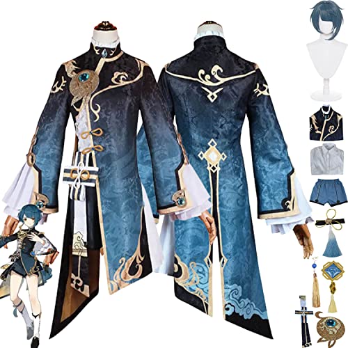 Tjmiaohao Genshin Impact Xingqiu Cosplay Kostüm Outfit Spielfiguren Kaveh Raiden Shogun Uniform Full Set Halloween Party Dress Up Anzug mit Perücke Ohrringe für Männer Jungen (L) von Tjmiaohao