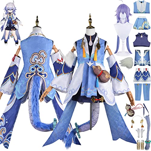 Tjmiaohao Honkai Star Rail Bailu Cosplay Kostüm Outfit Spielfigur Blau Uniform Perücke Kopfschmuck Schwanz Full Set Halloween Karneval Party Dress Up Anzug für Frauen Mädchen (S) von Tjmiaohao